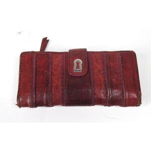 Vintage Fossil Key Scalloped Striped Leather Bifold Long Wallet Burgundy Rare